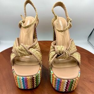 Azalea Wang Flavia Multi Raffia Chevron Platform Sandals Resortwear Rainbow W 10